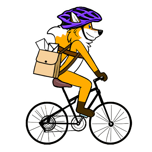 An antropomorphic (cartoon) fox on a bike, deliverying mail